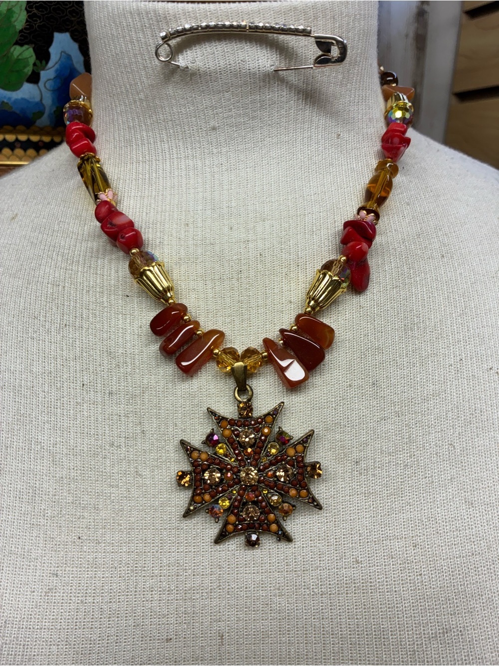 Handmade Red coral & carnelian Beaded Necklace with Starburst Pendant